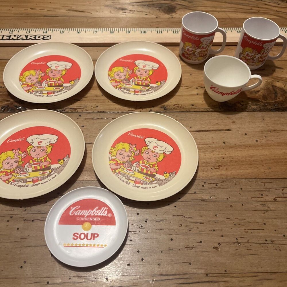 VTG Campbell's Soup Kids Plastic Play Kitchen Dishes‎ Cups Plates 8 Pc Set